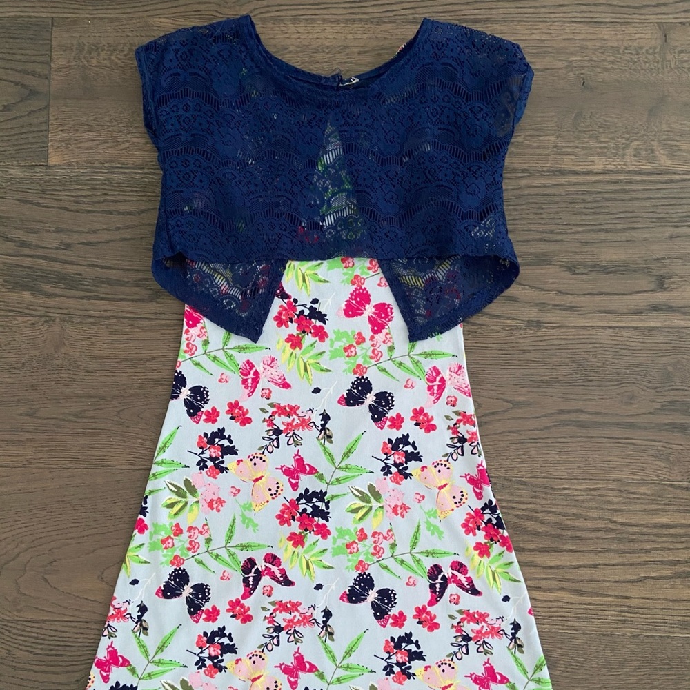 TJ Maxx Floral Dress with Blue Lace Shirt